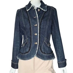 Cache Denim Jacket With Rhinestone Buttons And Black Lace Trim Size 10